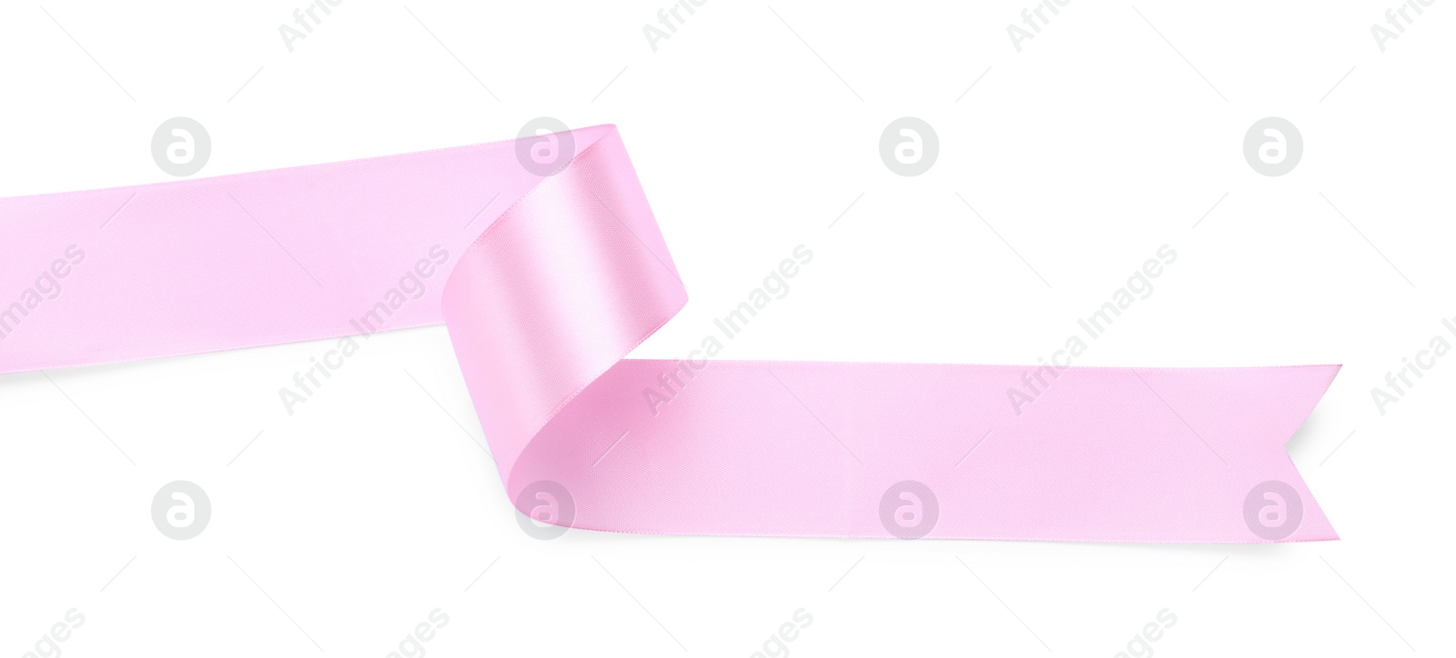 Photo of Beautiful pink ribbon isolated on white, top view