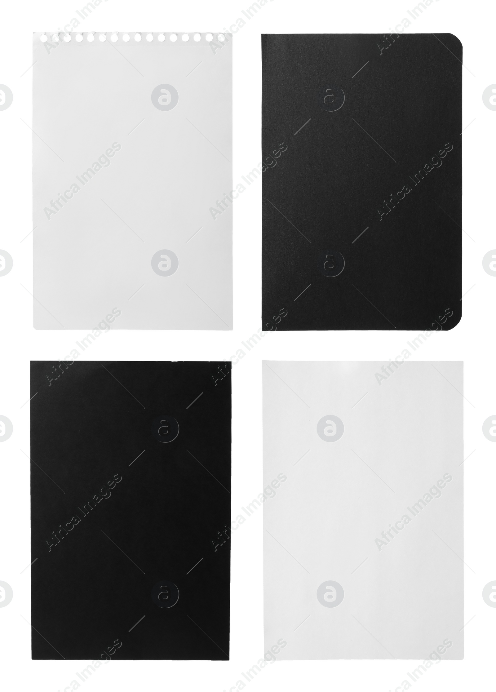 Image of Set of different notebook papers on white background