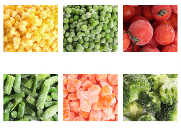 Image of Collage with different frozen vegetables on white background, top view