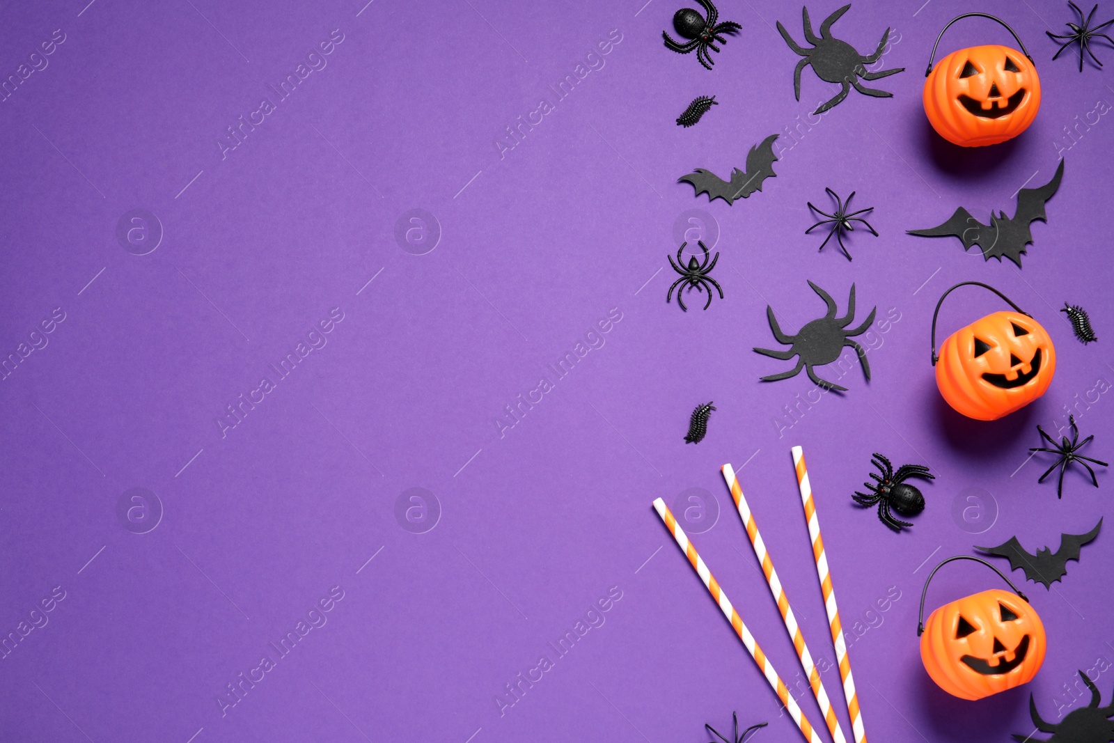 Photo of Flat lay composition with plastic pumpkin baskets, paper bats, spiders and cocktail straws on purple background, space for text. Halloween decor