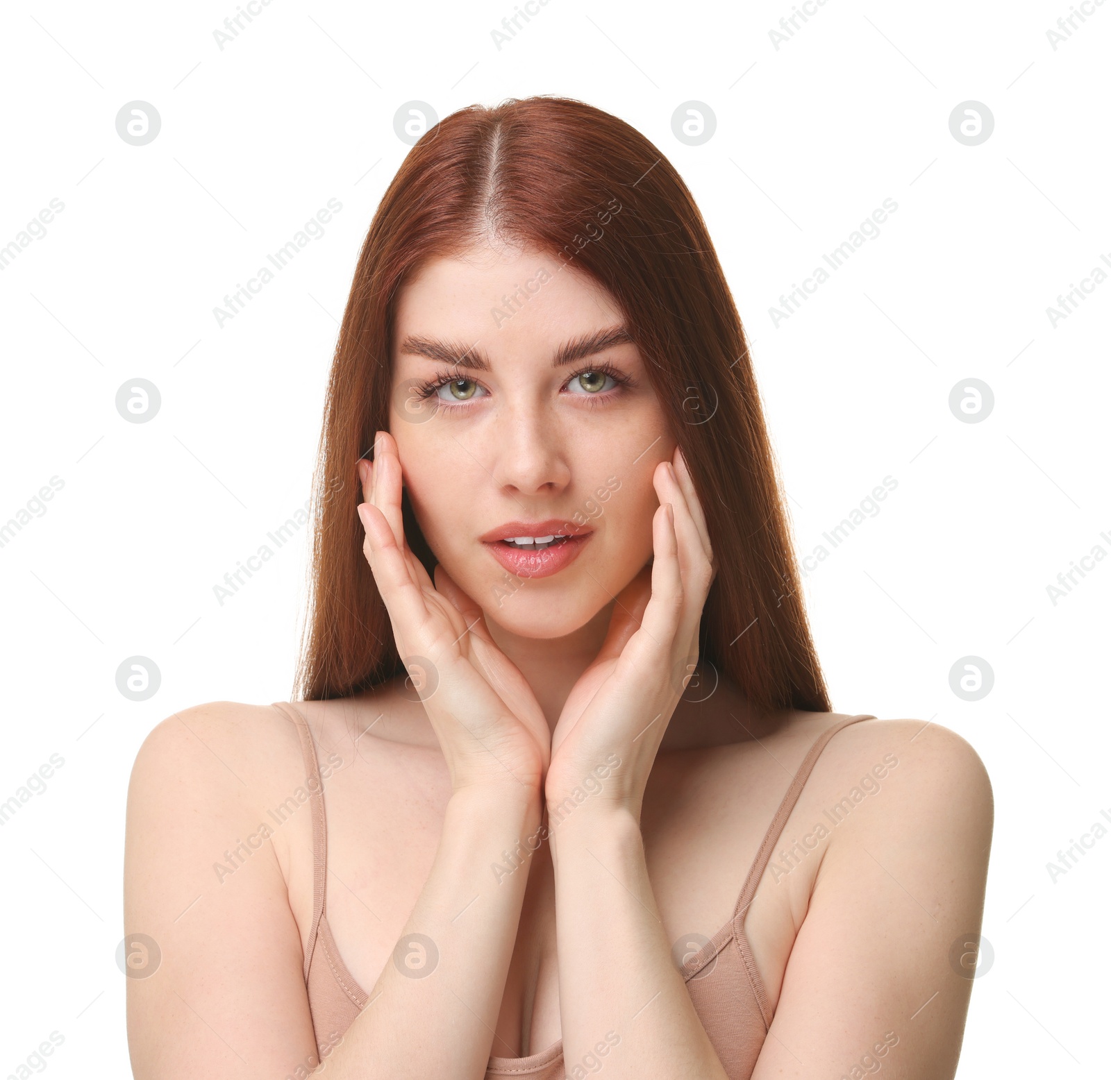 Photo of Portrait of beautiful woman on white background