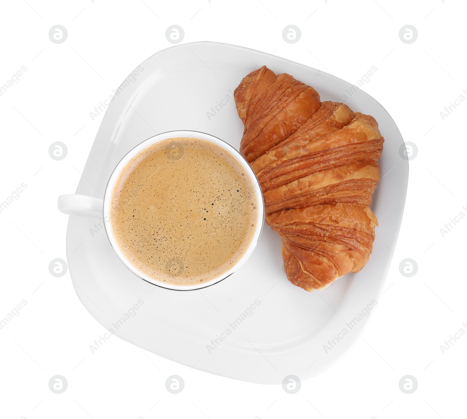 Photo of Fresh croissant and coffee isolated on white, top view. Tasty breakfast