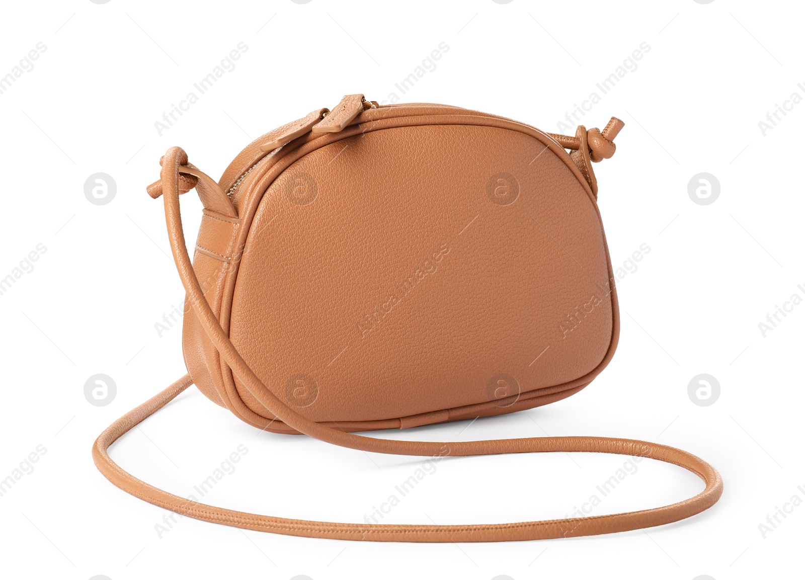 Photo of Stylish light brown leather handbag isolated on white