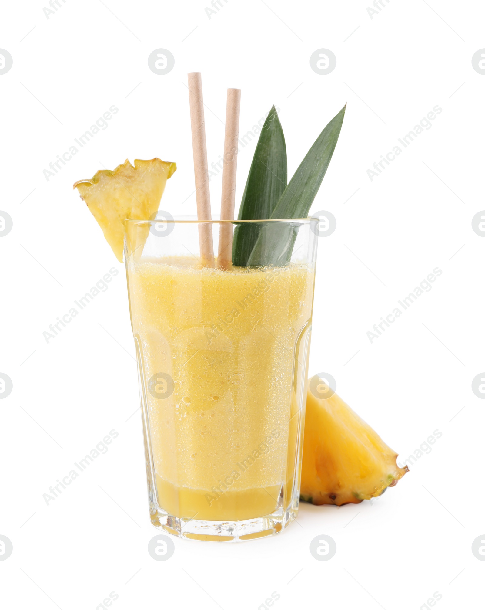 Photo of Tasty pineapple smoothie in glass and slice of fruit isolated on white