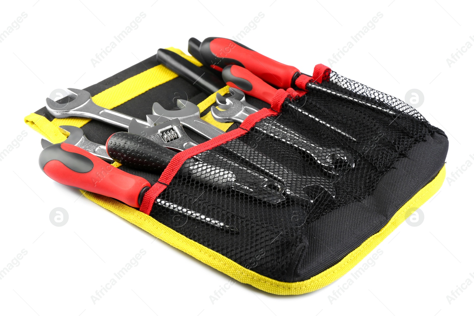 Photo of Bag with different construction tools on white background