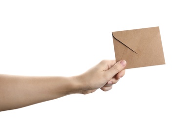 Photo of Woman holding kraft paper envelope on white background, closeup