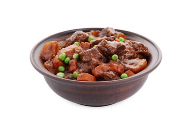 Photo of Delicious beef stew with carrots, peas and potatoes on white background