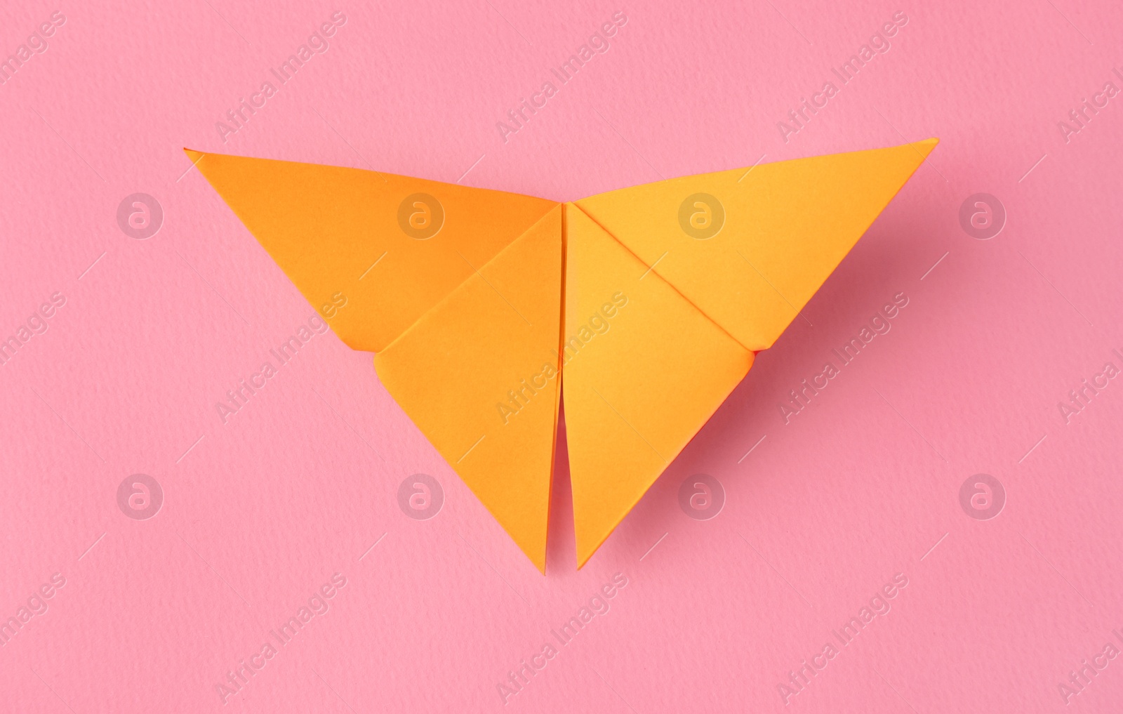 Photo of Origami art. Paper butterfly on pink background, top view