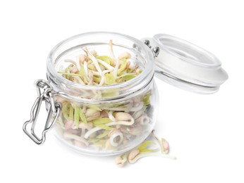 Photo of Mung bean sprouts in glass jar isolated on white