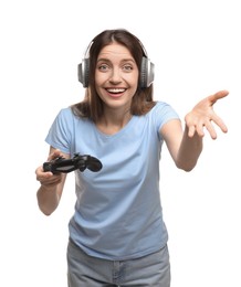 Photo of Happy woman in headphones with game controller on white background