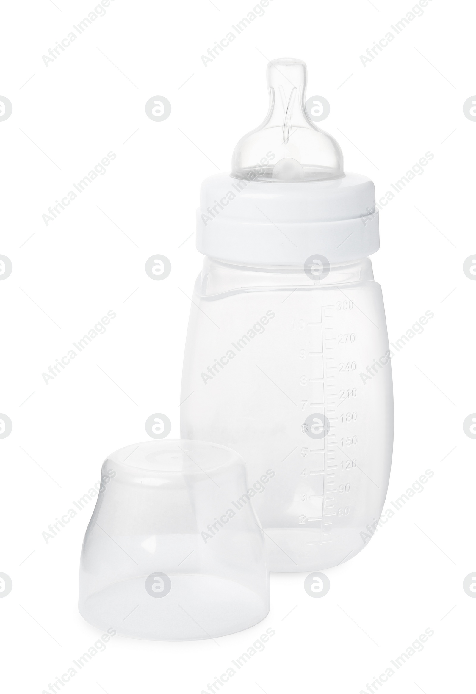 Photo of One empty feeding bottle for baby milk isolated on white