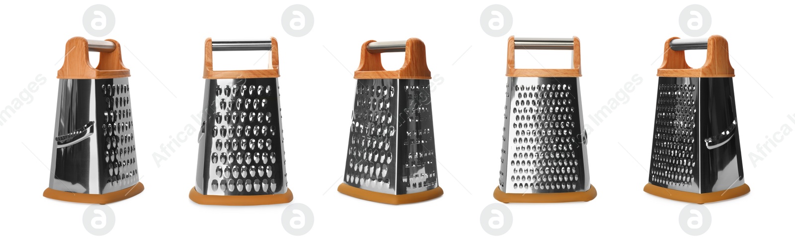 Image of Stainless steel graters on white background, collage. Banner design 