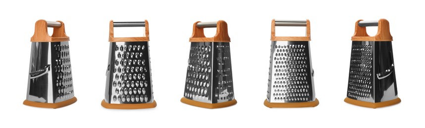 Stainless steel graters on white background, collage. Banner design 