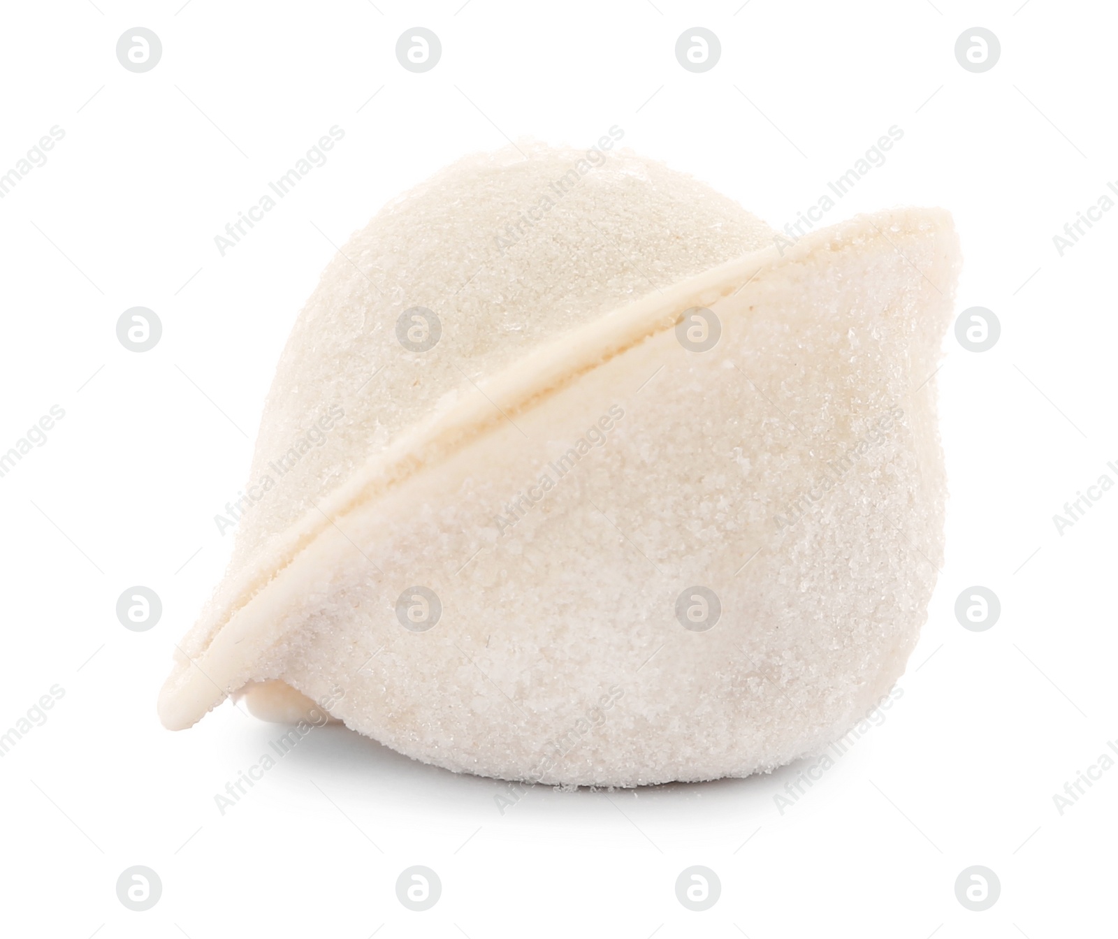 Photo of Raw dumpling with tasty filling on white background