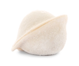 Raw dumpling with tasty filling on white background