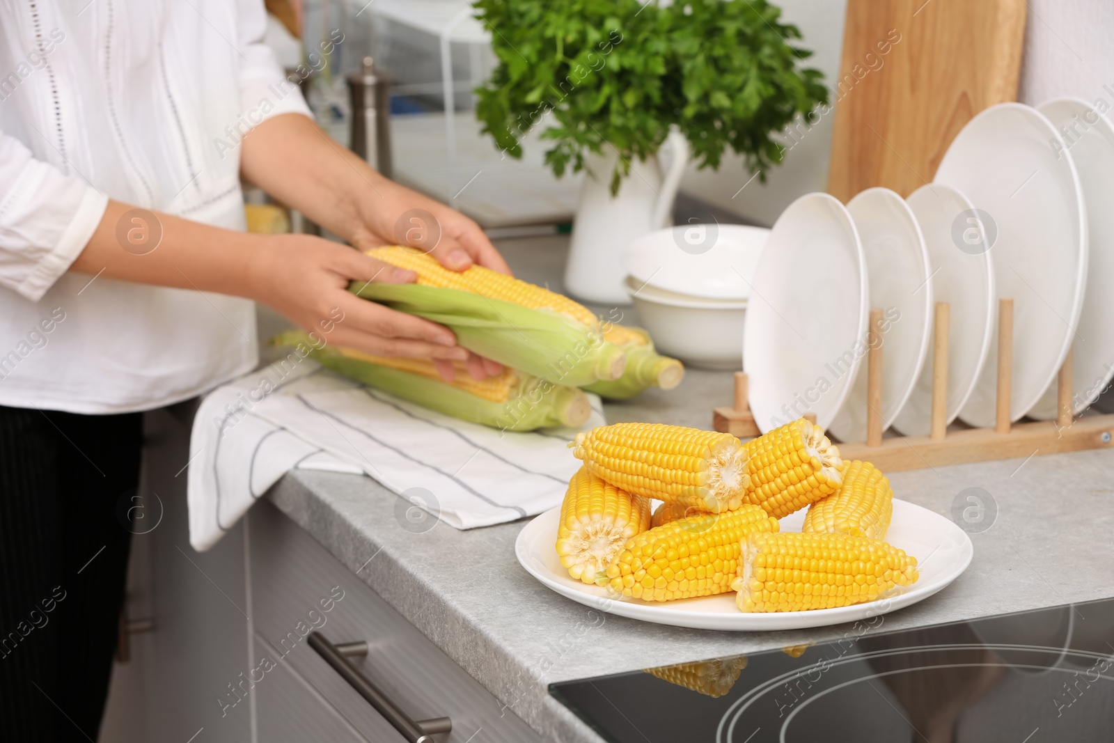 Photo of Plate with ripe corn cobs and blurred woman on background