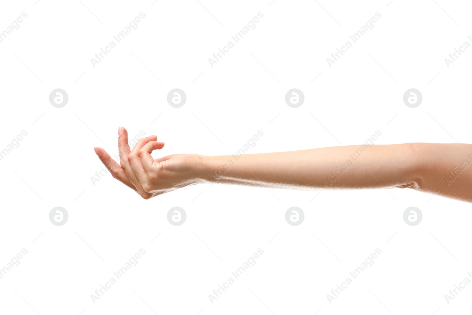 Photo of Young woman holding something on white background, closeup