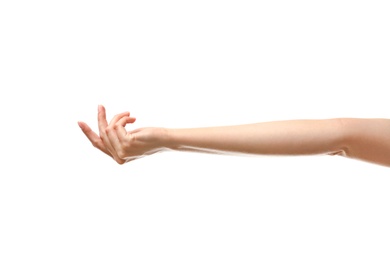 Photo of Young woman holding something on white background, closeup