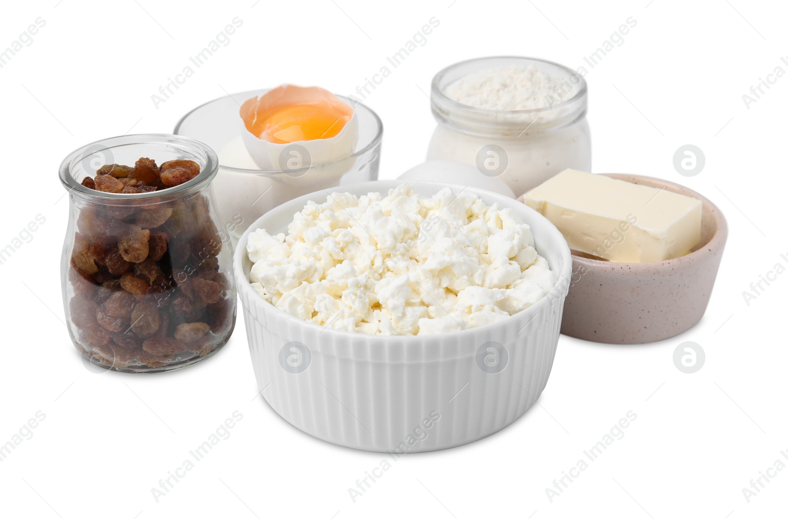 Photo of Different ingredients isolated on white. Cooking cottage cheese pancakes
