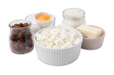 Different ingredients isolated on white. Cooking cottage cheese pancakes