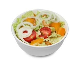 Photo of Bowl of delicious salad with Chinese cabbage, tomatoes and onion isolated on white