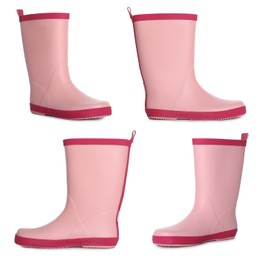 Image of Set with pink rubber boots on white background 