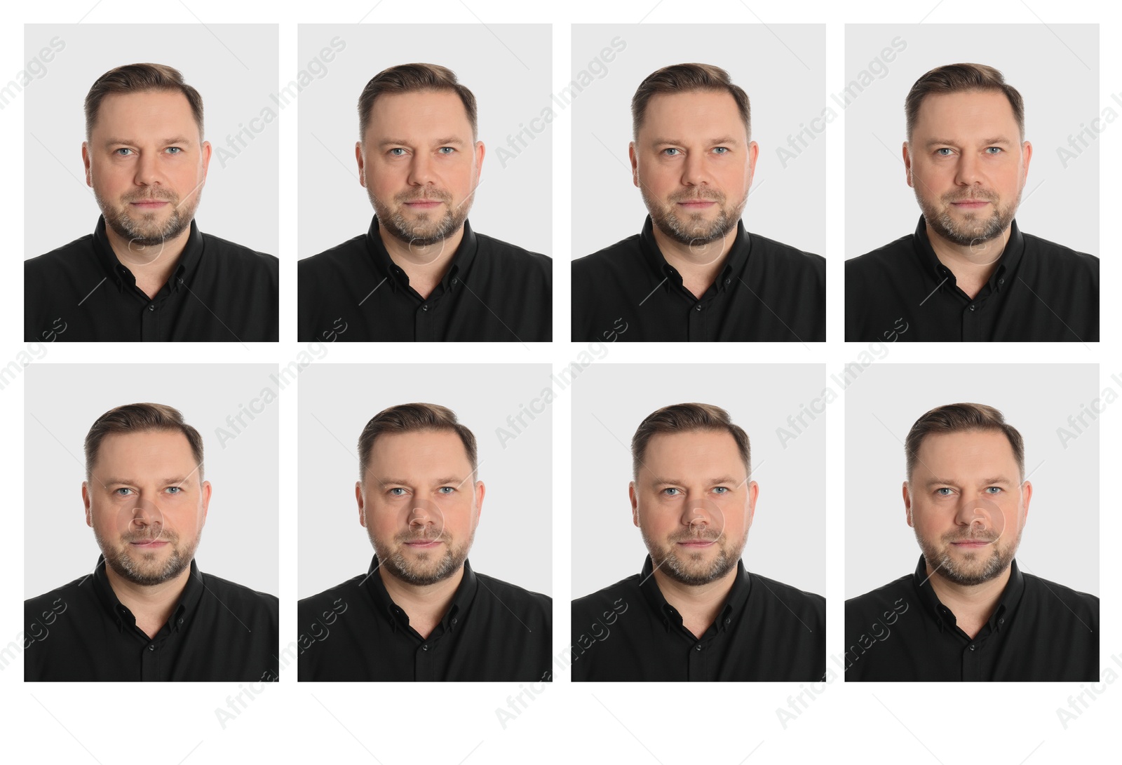 Image of Passport photo, collage. Man on white background, set of photos