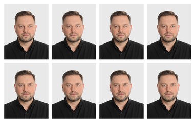 Image of Passport photo, collage. Man on white background, set of photos