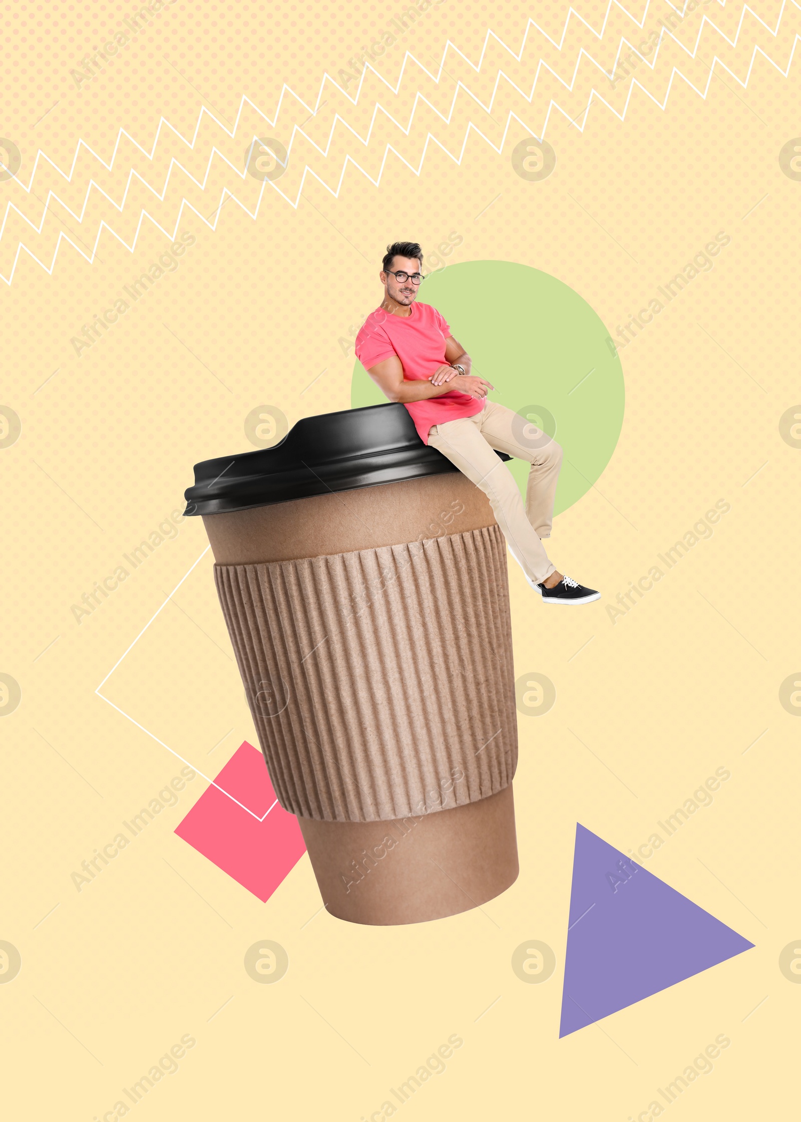 Image of Coffee to go. Man sitting on takeaway paper cup on beige background, stylish artwork