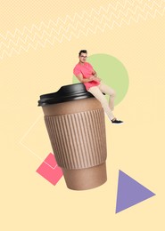 Image of Coffee to go. Man sitting on takeaway paper cup on beige background, stylish artwork