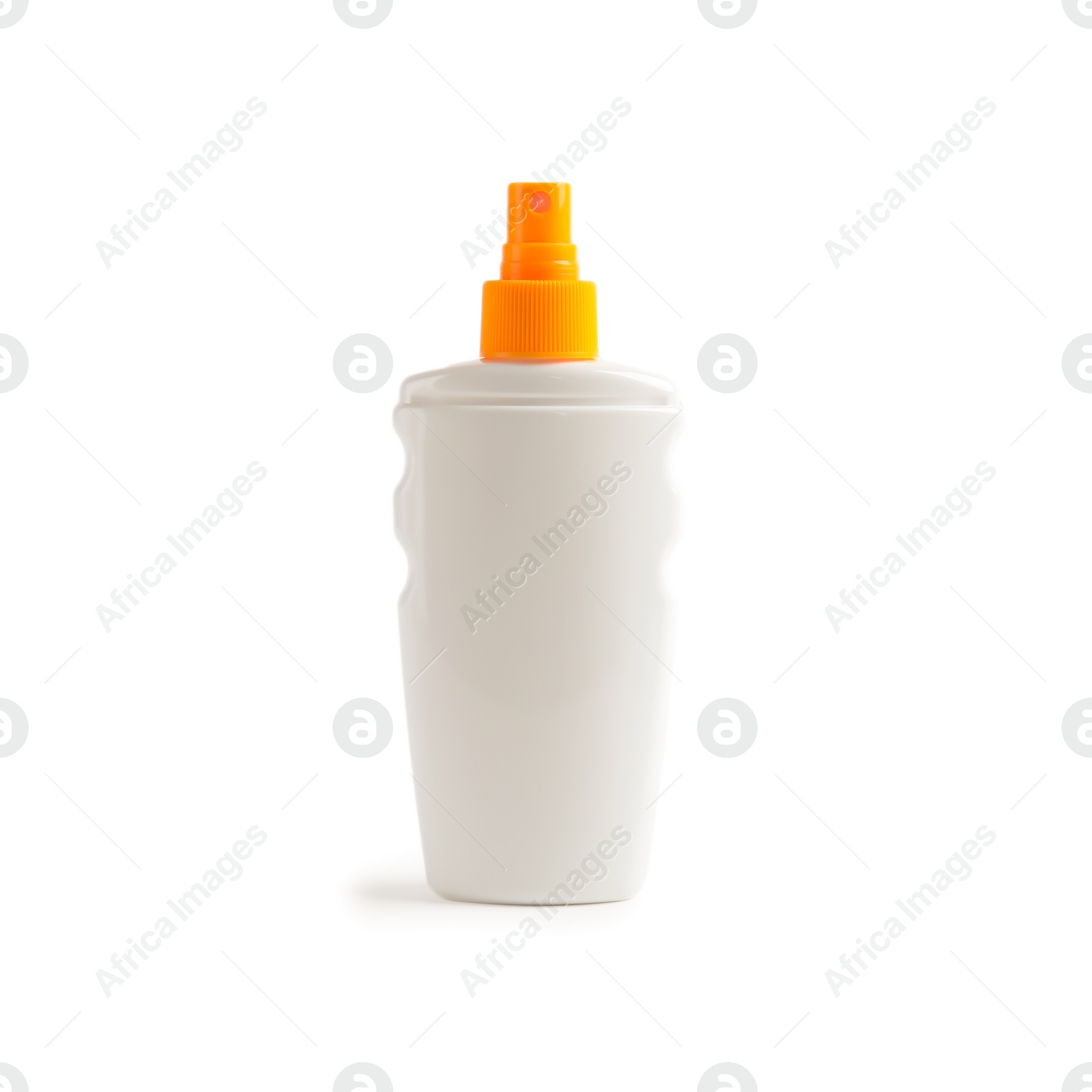 Photo of Bottle with sun protection body cream on white background