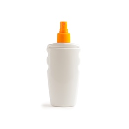 Photo of Bottle with sun protection body cream on white background