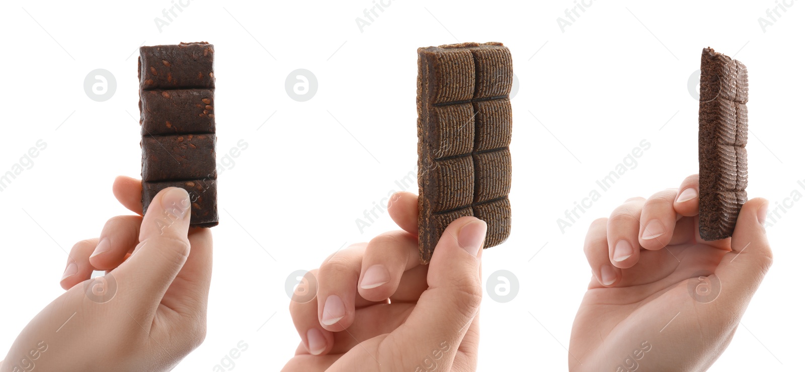 Image of Collage with photos of women holding hematogen bars on white background, closeup. Banner design