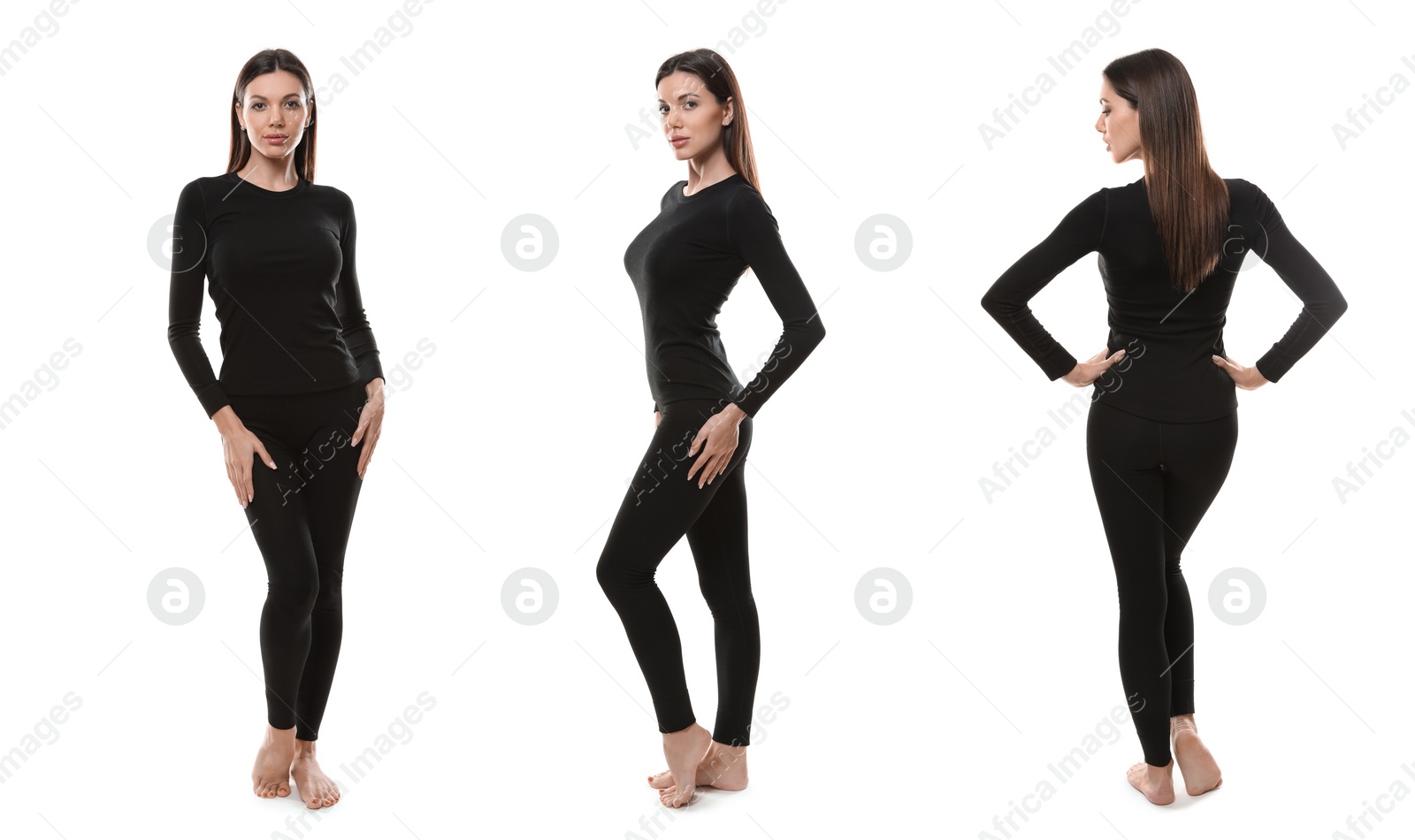 Image of Collage of woman wearing thermal underwear isolated on white