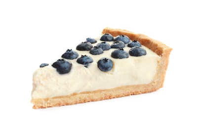 Photo of Piece of tasty blueberry cake on white background