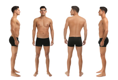 Image of Collage of man in underwear on white background