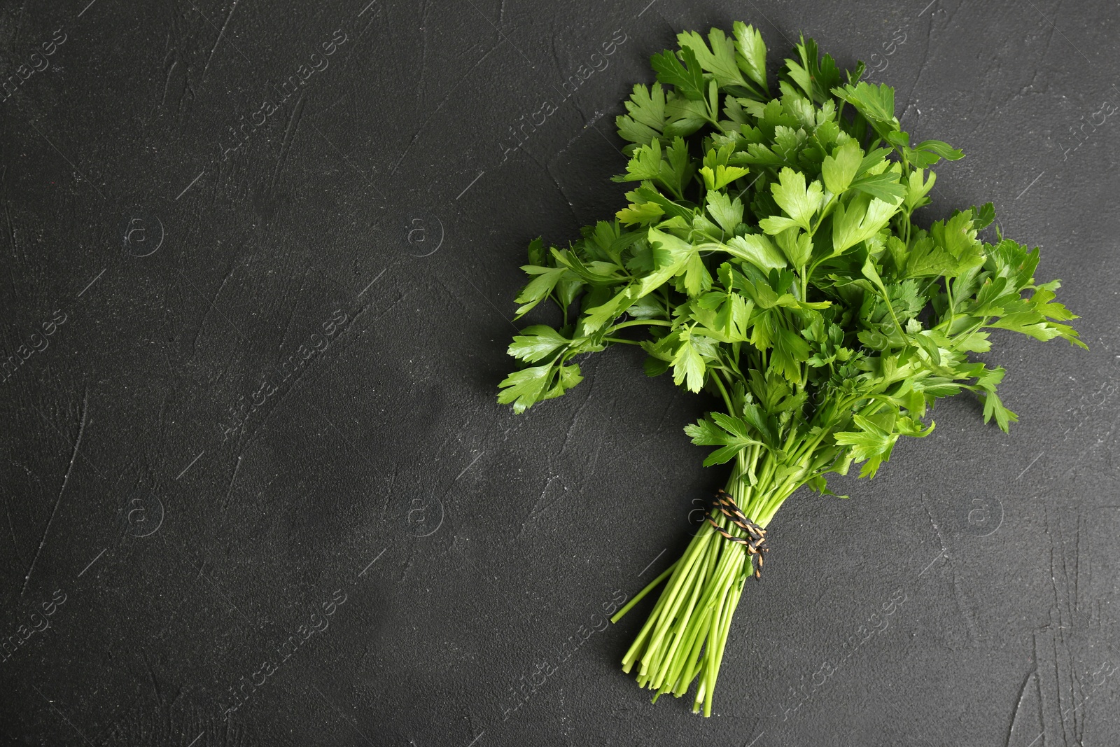 Photo of Fresh green parsley and space for text on black background, top view