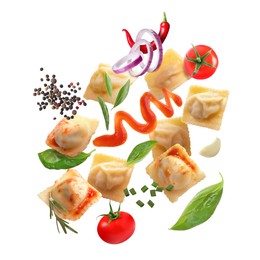 Image of Tasty ravioli with tomato sauce and ingredients flying on white background