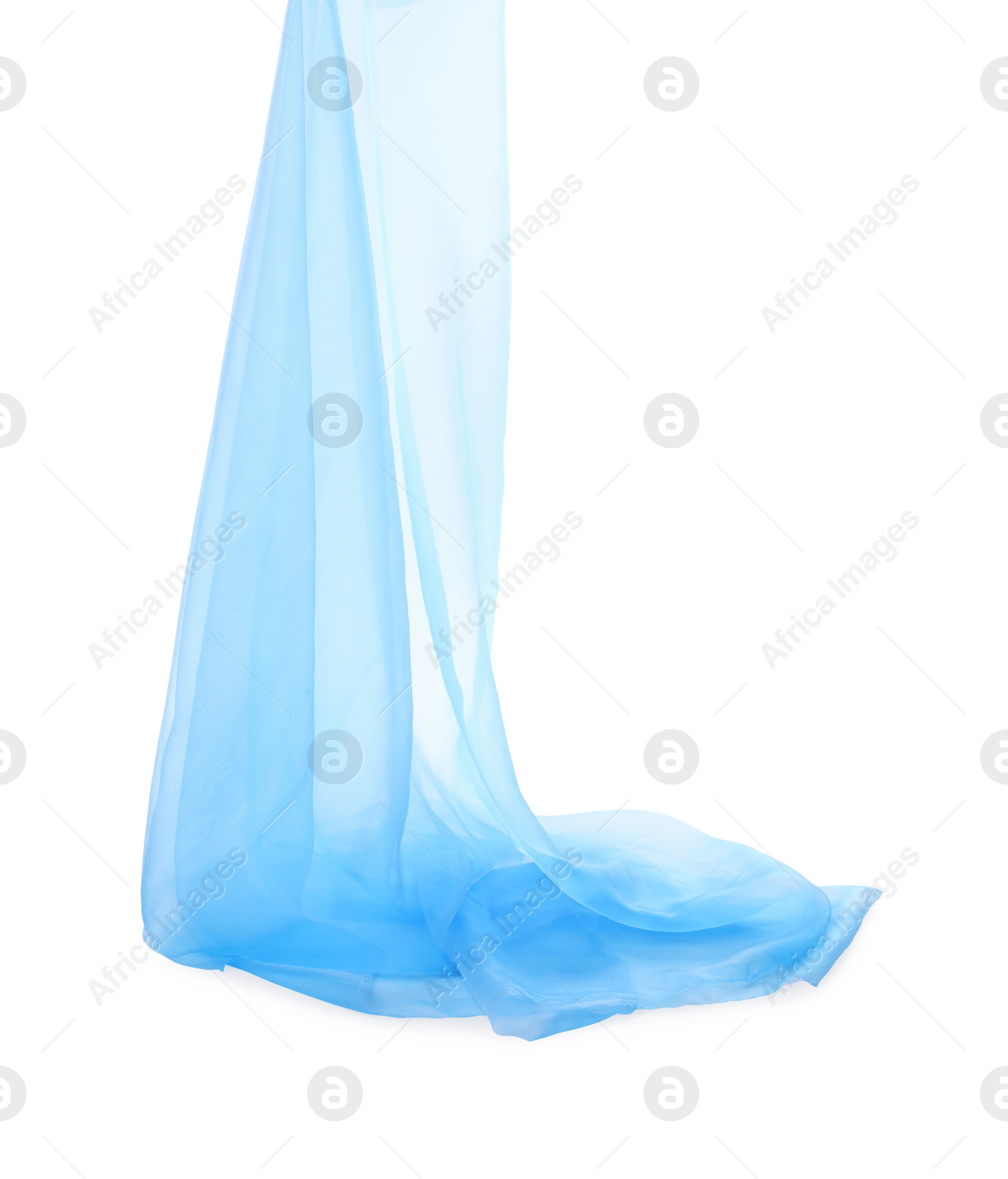 Photo of Beautiful light blue tulle fabric on white background. Space for text