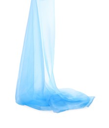 Beautiful light blue tulle fabric on white background. Space for text