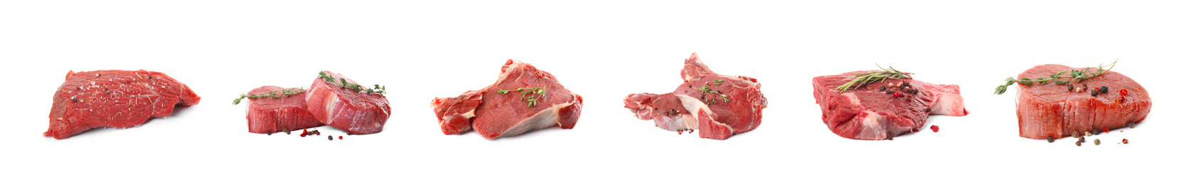 Set with raw meat on white background. Banner design  