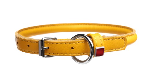 Photo of Yellow leather dog collar isolated on white