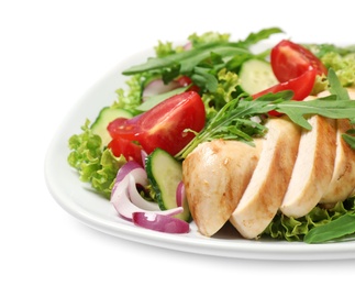 Photo of Delicious salad with meat, arugula and vegetables isolated on white, closeup