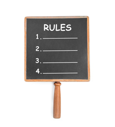 Chalkboard with list of rules on white background, top view