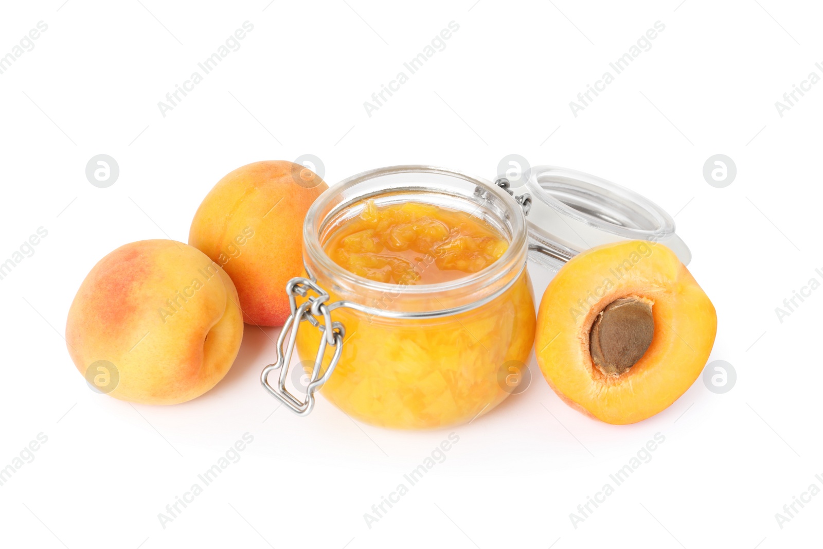 Photo of Jar of apricot jam and fresh fruits on white background