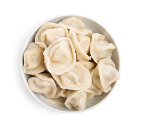 Photo of Tasty dumplings in bowl isolated on white, top view