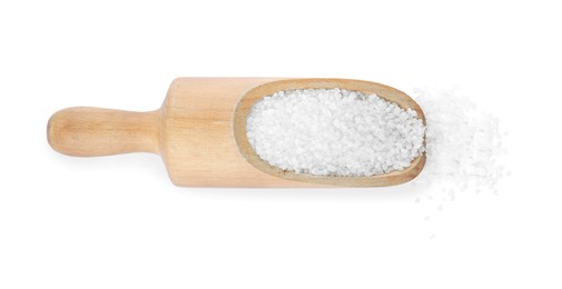 Wooden scoop with natural sea salt on white background, top view