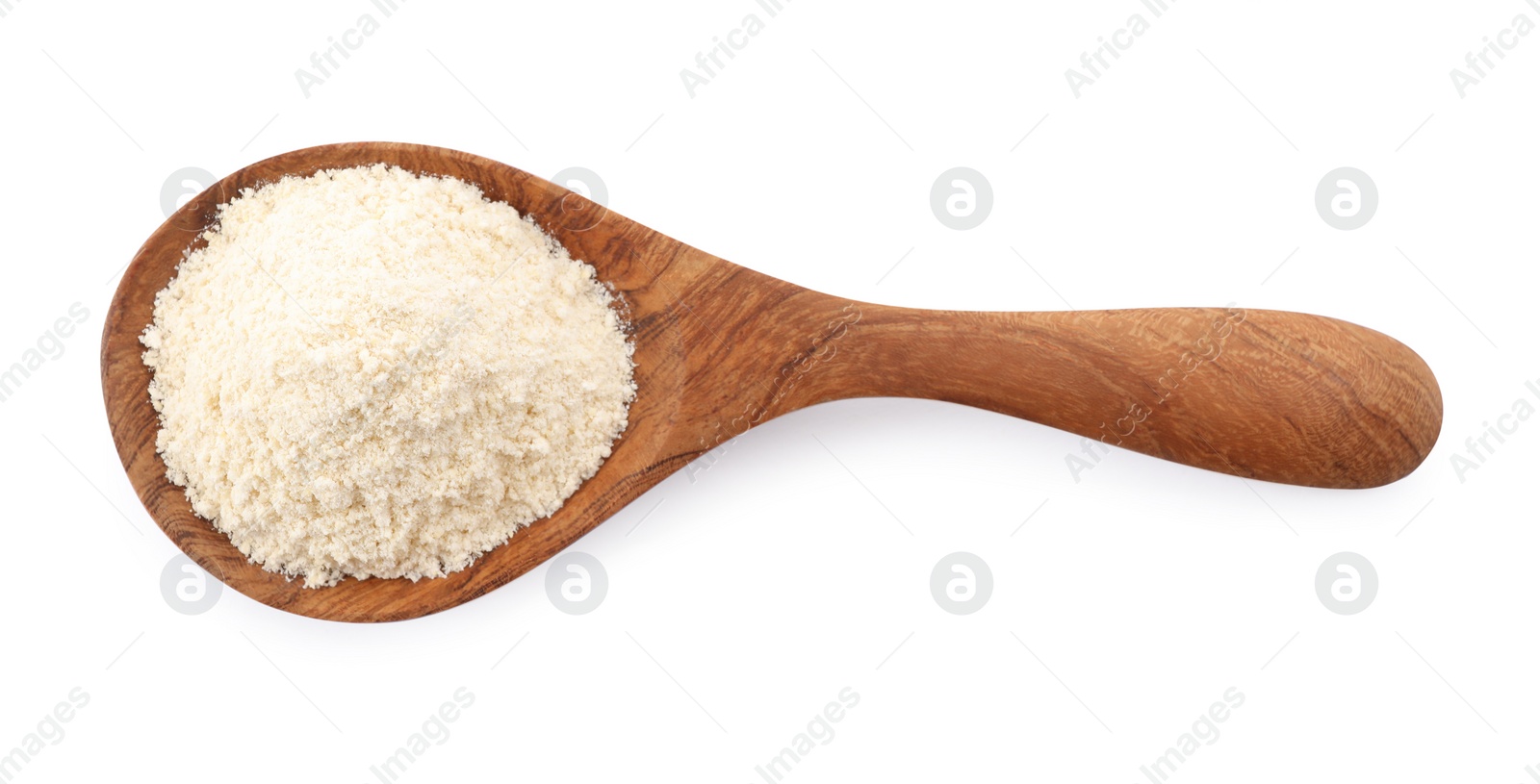 Photo of Wooden spoon with quinoa flour on white background, top view