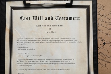 Photo of Last Will and Testament with handwritten letter, top view