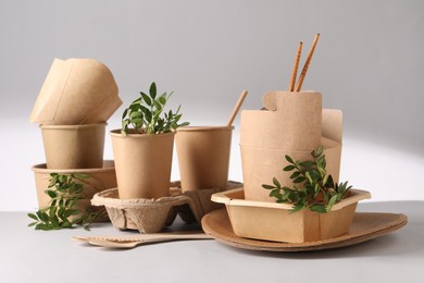 Photo of Eco friendly food packaging. Paper containers, tableware and green twigs on light background